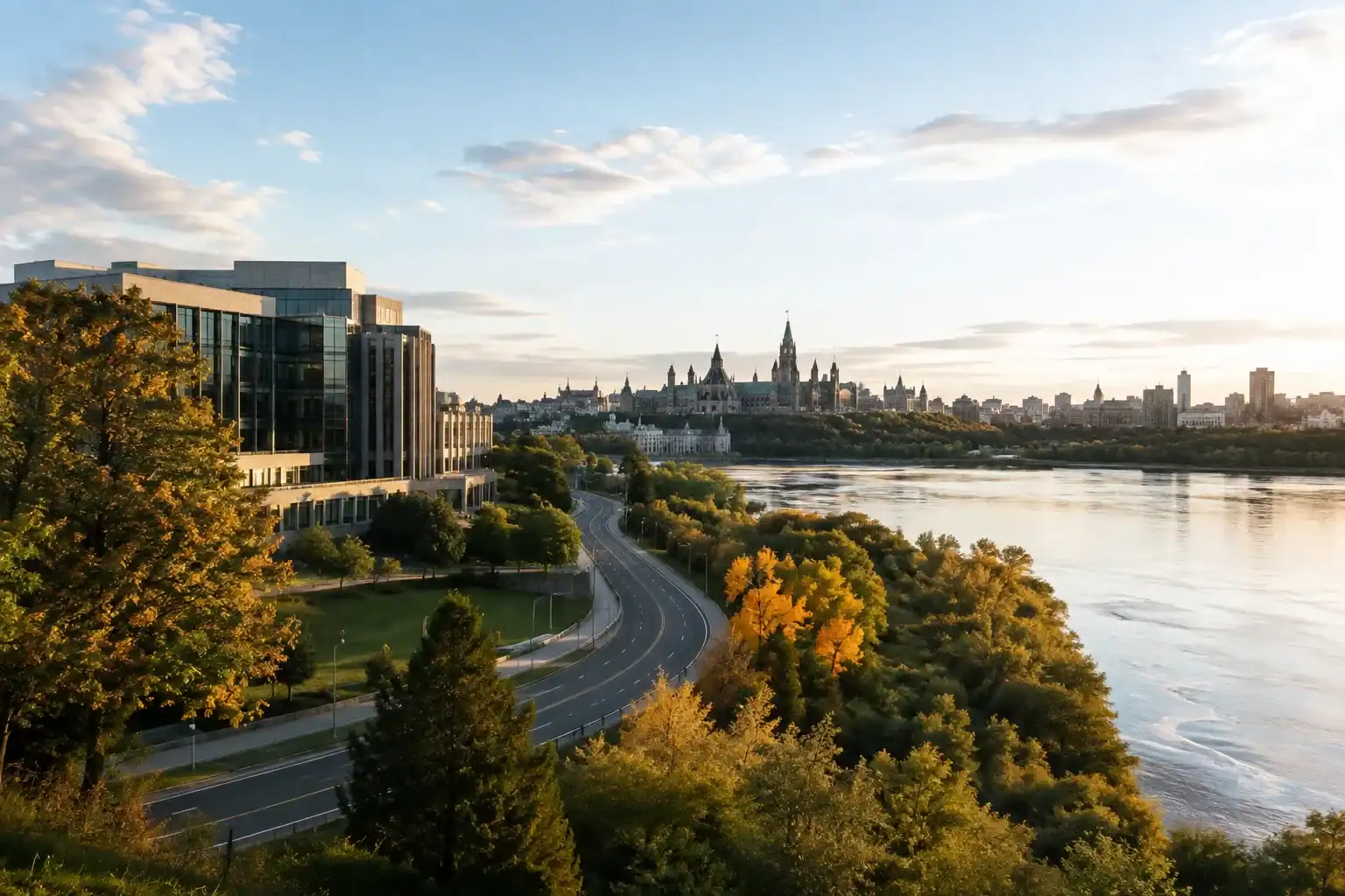 A river curves past trees with fall foliage. A modern glass building is on the left, and distant gothic government buildings stand on a hill under a partly cloudy sky at sunset, capturing the perfect blend of tradition and innovation—much like leading Ottawa web design that bridges historic charm with modern functionality. - Clio Websites | Top Canadian Web Design Company