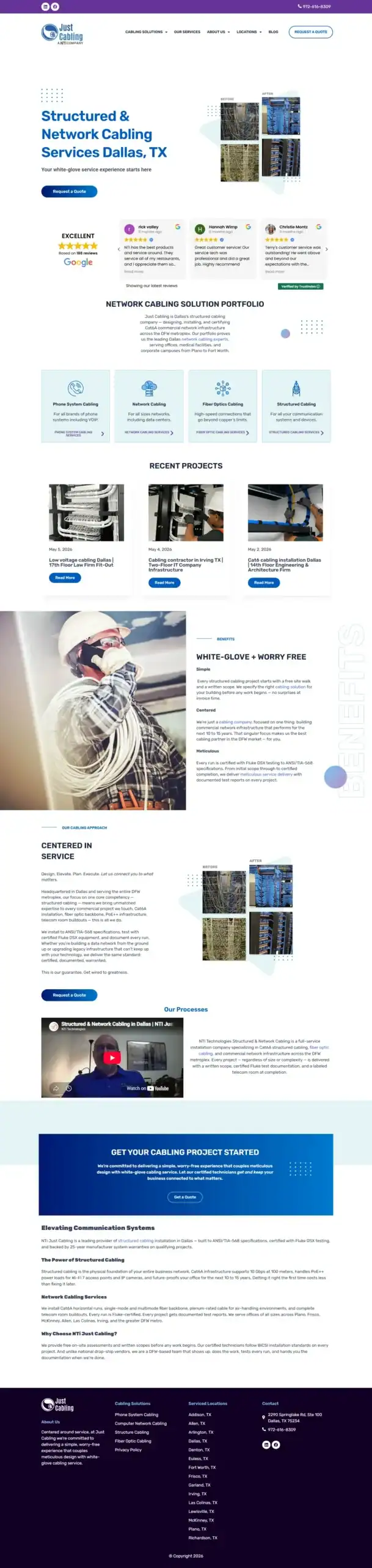 Website page for Just Cabling, a Dallas, TX structured cabling company, featuring comprehensive service offerings, recent projects, detailed company information, client logos, FAQs, contact form, and an easy-to-navigate menu—all presented in a clean white and blue color scheme. - Clio Websites | Top Canadian Web Design Company