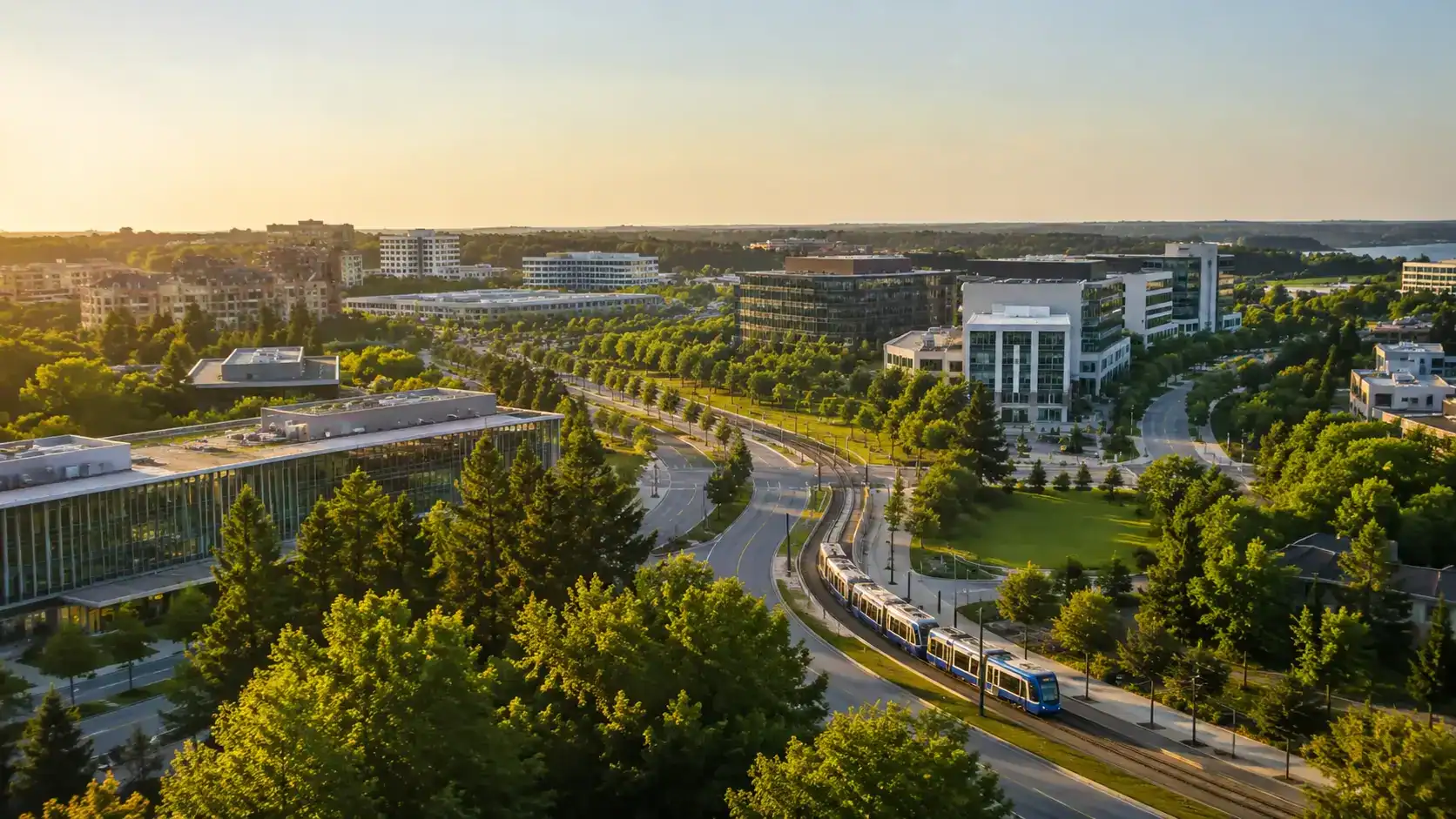 Aerial view of a modern cityscape with office buildings, green trees, curved roads, and a tram passing through during sunset—capturing the innovative spirit that inspires Kitchener-Waterloo web design and cutting-edge Waterloo SaaS website design. - Clio Websites | Top Canadian Web Design Company