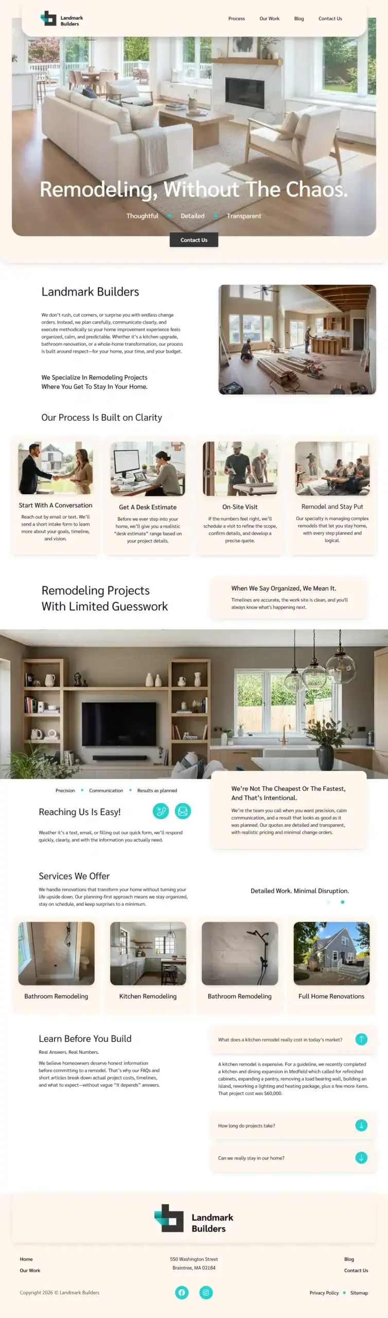 A modern home remodeling website by Landmark Builders features a clean layout, showcasing images of stylish interiors, sections on services like kitchen and bathroom renovation, testimonials, a contact form, and navigation menus at the top and bottom. - Clio Websites | Top Canadian Web Design Company