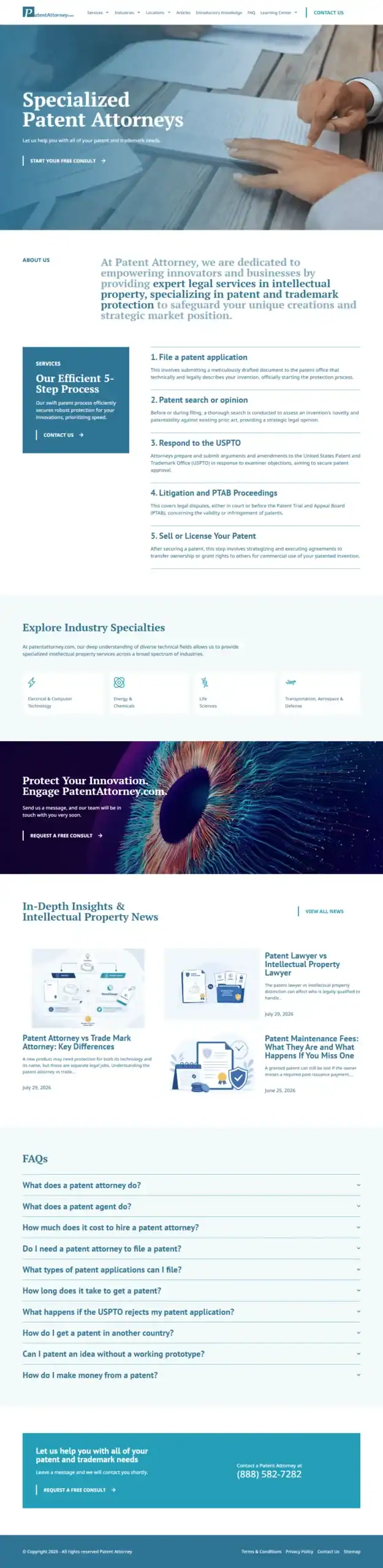Screenshot of a Patent Attorney website showcasing service offerings, industry specialties, FAQs, contact information, and blog/news sections—all presented in a blue and white color scheme with a modern, clean layout. - Clio Websites | Top Canadian Web Design Company