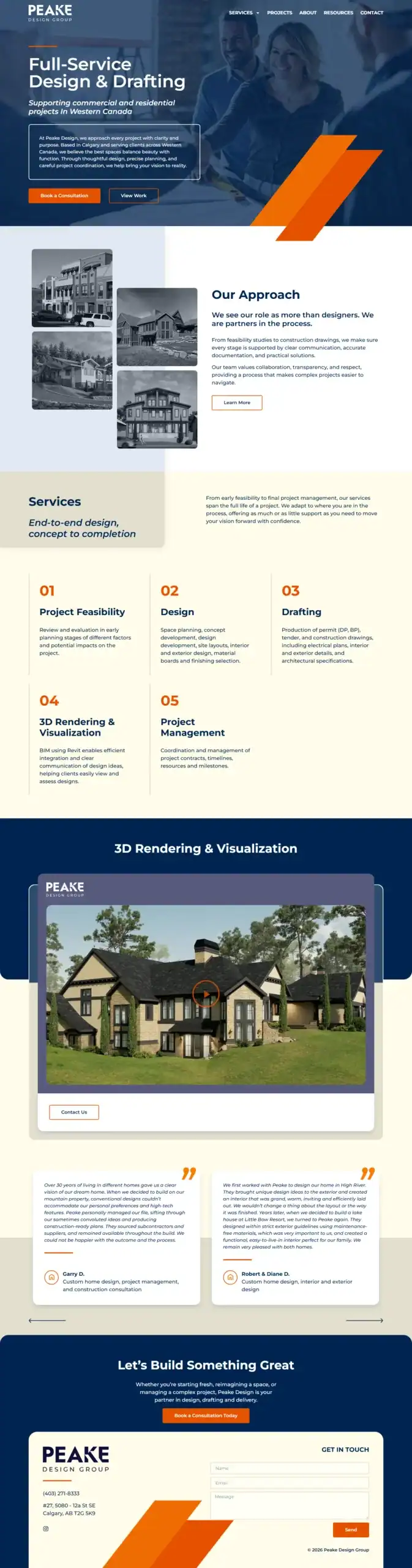 Screenshot of Peake Design Group’s website, featuring service descriptions, grayscale project photos, a 3D house rendering, testimonials, and navigation sections in blue, orange, and white. - Clio Websites | Top Canadian Web Design Company