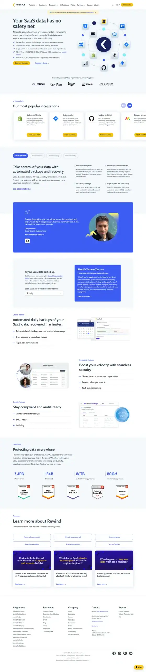 Screenshot of Rewind’s website homepage showcasing SaaS data protection solutions with product features, customer logos, user testimonials, and subscription plan options on a clean, modern layout. - Clio Websites | Top Canadian Web Design Company