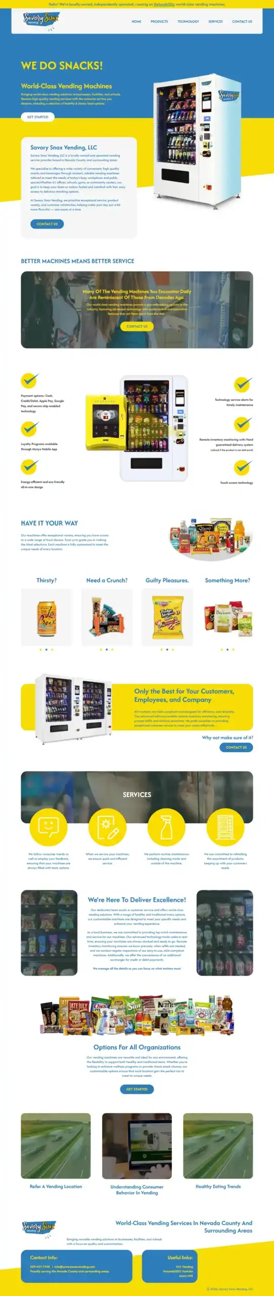 Screenshot of a vending service website showing vending machines, snacks, drinks, service features, product options, and contact information, all arranged in bright blue and yellow sections. - Clio Websites | Top Canadian Web Design Company