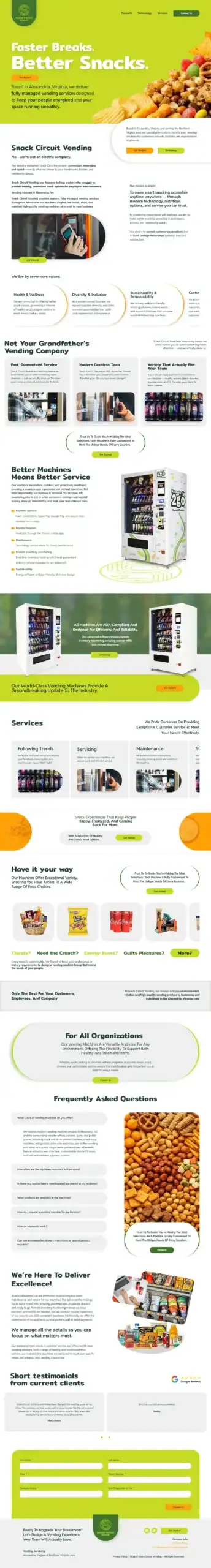 A vibrant webpage for Snack Circuit Vending’s healthy snack delivery and vending machine service, showcasing a variety of snacks, modern machine images, comprehensive service details, customer reviews, FAQs, and contact information—all set against a fresh green and white background with lively orange accents. - Clio Websites | Top Canadian Web Design Company
