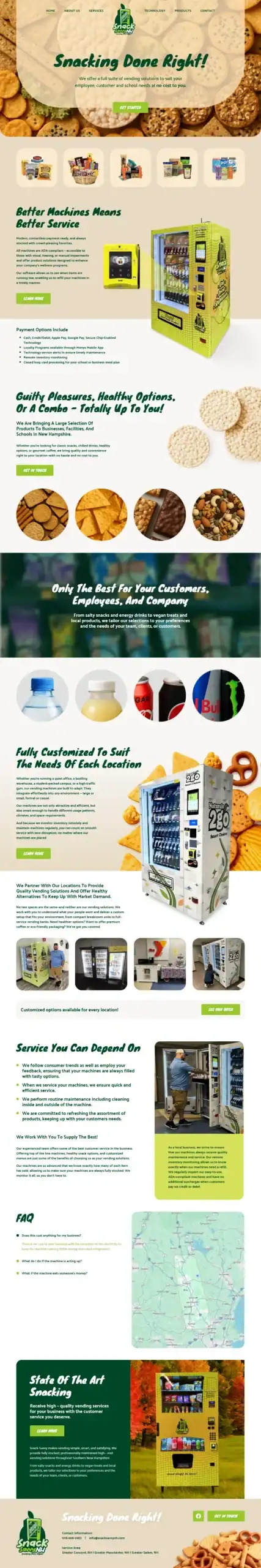 A website page by Snack Savvy displaying healthy snack vending machines, snack options, instructions, FAQs, vending machine images, and a service area map for “Snacking Done Right!” across NH. - Clio Websites | Top Canadian Web Design Company