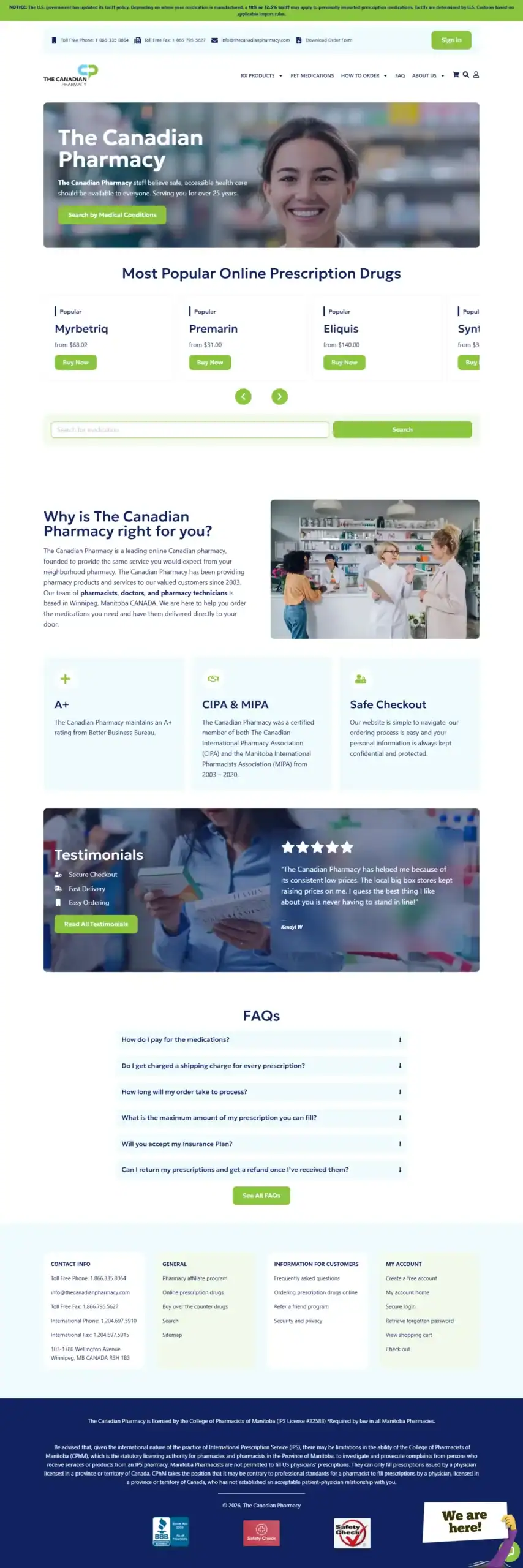 Screenshot of a Canadian Pharmacy website with a smiling pharmacist, drug search bar, testimonials, FAQs, and secure checkout info. The layout is clean with blue, green, and white colors and popular medication names displayed. - Clio Websites | Top Canadian Web Design Company