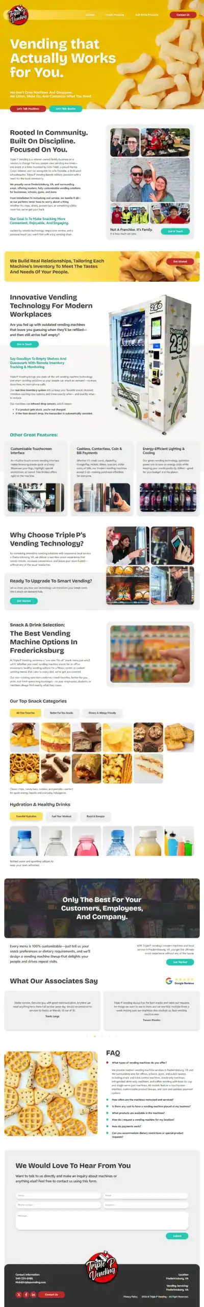 A website page for Triple p Vending showcases snacks, machines, testimonials, a FAQ section, and a contact form, with various colorful images of snacks and drinks throughout. - Clio Websites | Top Canadian Web Design Company