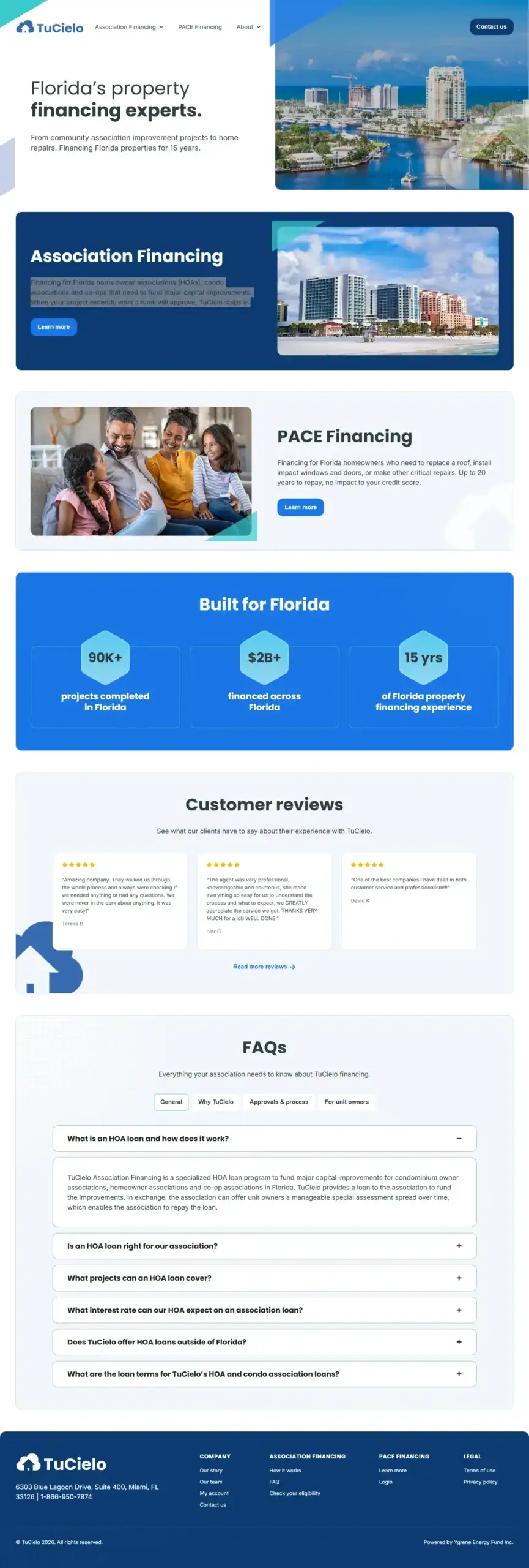 A business website offers property financing in Florida, featuring cityscapes, a family at home, financing services, customer reviews, a FAQ section, and contact info in a clean, blue-and-white design. - Clio Websites | Top Canadian Web Design Company