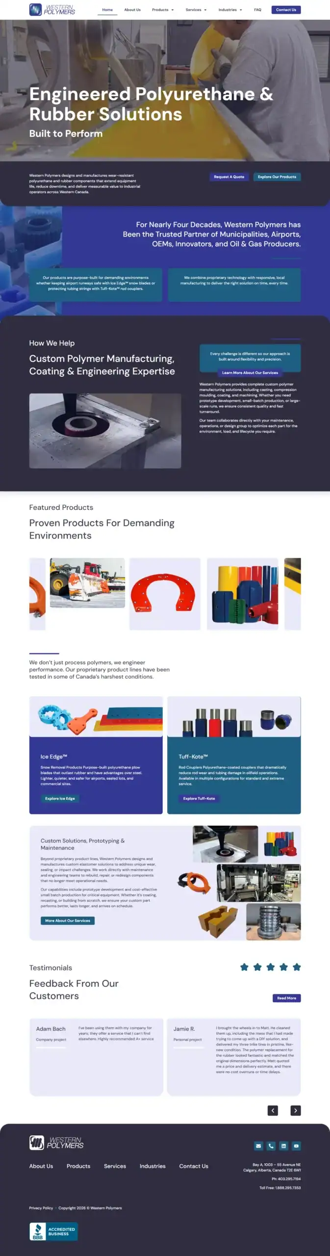 Screenshot of a website for Americule, Inc. featuring polymer and rubber solutions, with sections for products, services, testimonials, and contact information, highlighted by blue, purple, and yellow design elements. The layout also draws inspiration from Western Polymers’ industry standards to showcase quality and innovation. - Clio Websites | Top Canadian Web Design Company