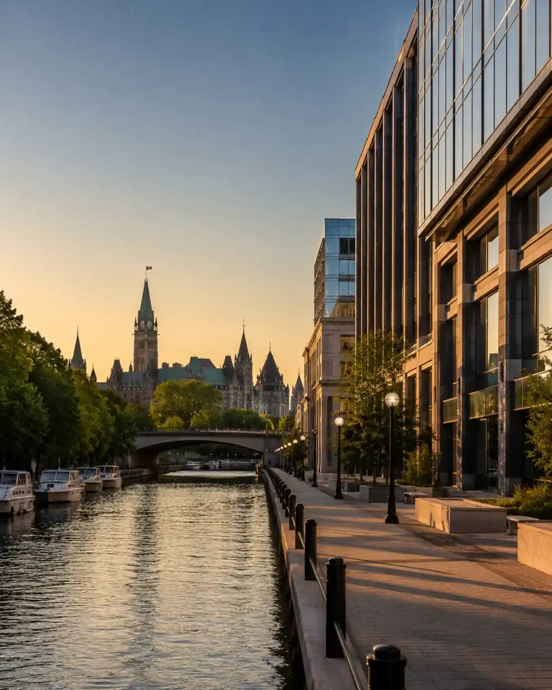 A canal lined with boats and trees at sunset, with modern office buildings on the right and historic Parliament buildings in the background under a clear sky—a picturesque scene reflecting the perfect blend of tradition and innovation that inspires leading Ottawa web design companies. - Clio Websites | Top Canadian Web Design Company