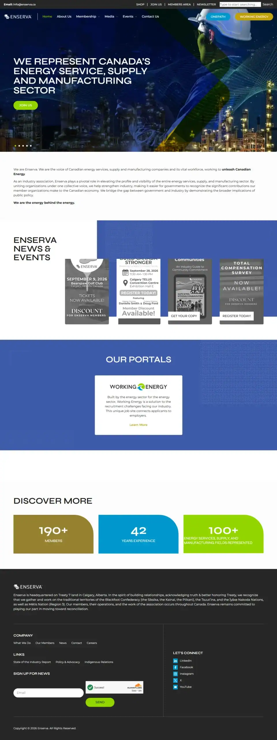 Screenshot of Enserva’s homepage featuring a cityscape banner, bold text about Canada’s energy sector, news updates, resource portals, statistics, and a footer with contact info and social media links. - Clio Websites | Top Canadian Web Design Company