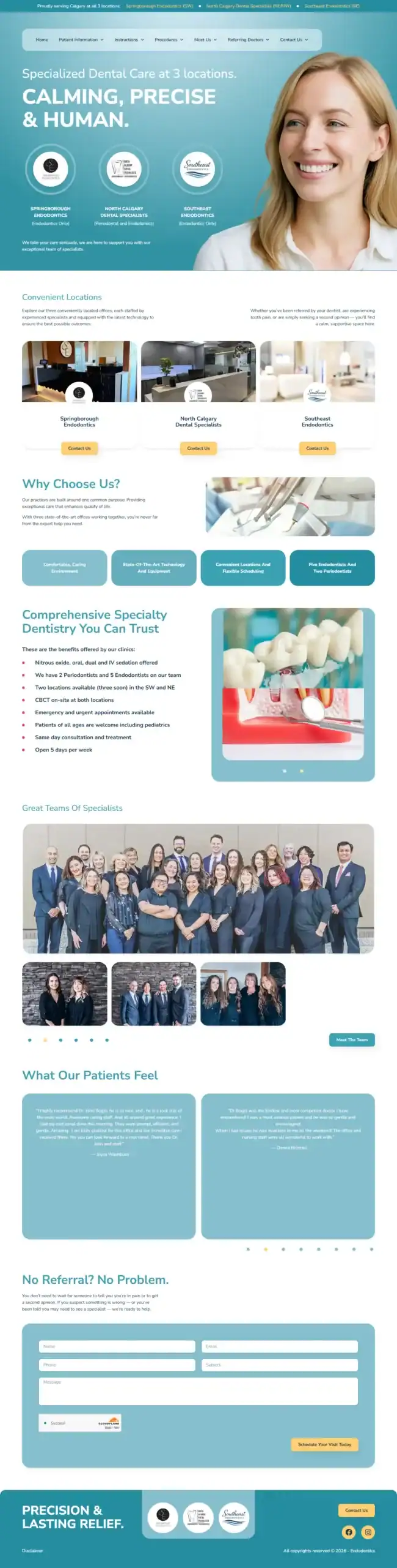 Screenshot of a dental clinic’s website featuring smiling staff, specialized dental care services, a patient testimonial, contact form, and links for booking and referrals. The site uses blue and white colors with dental-themed images and icons. - Clio Websites | Top Canadian Web Design Company